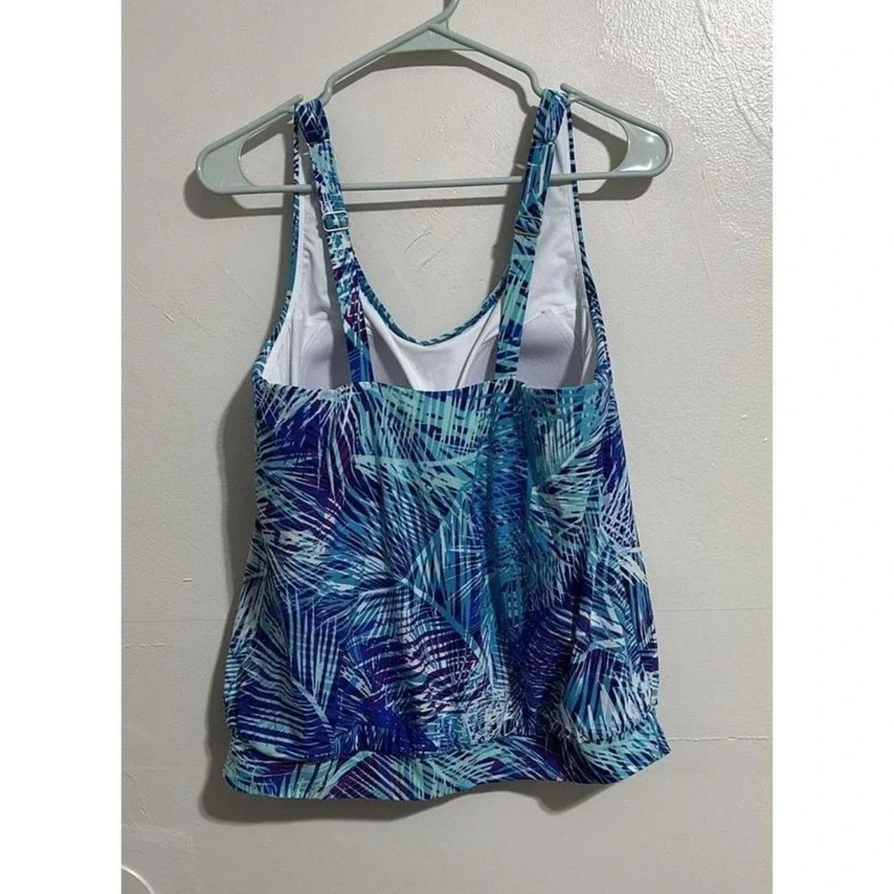 L.L.Bean Women Blue Tropical Palm Print Blouson Tankini Top UPF 50 Size 12 Reg